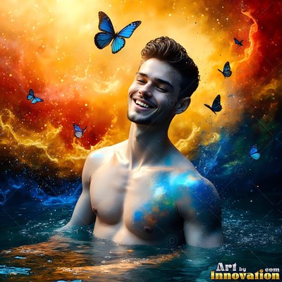 Smiling shirtless man in dark water with blue butterflies around him