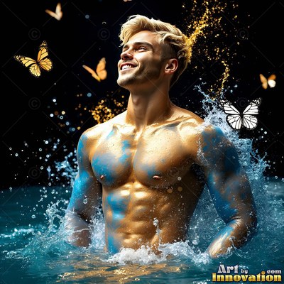 Gold-painted skin covers a smiling shirtless man standing in dark water with butterflies