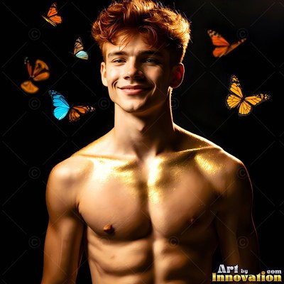 A shirtless young man smiles as butterflies flutter past shimmering gold powder on his collarbones
