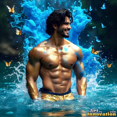 Standing waist-deep in water, a shirtless man smiles under blue smoke splash