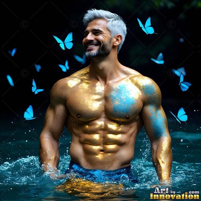 A grinning shirtless man in water has gold body paint and blue butterflies around him