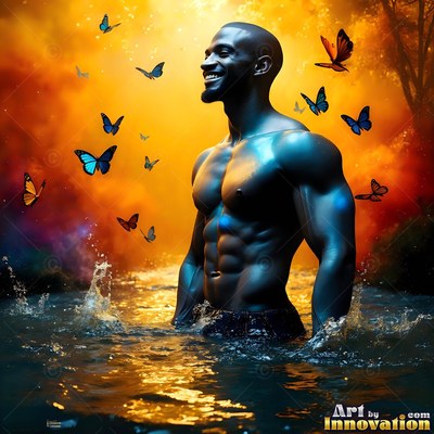 Standing in water, a shirtless man smiles under gold mist as blue butterflies flutter around him
