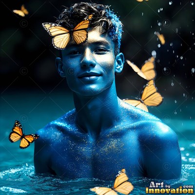 A shirtless blue man in water with orange butterflies around him