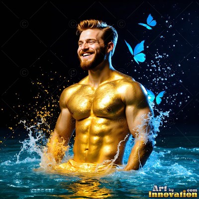Gold powder covers the muscular chest of a smiling man in dark water with blue butterflies