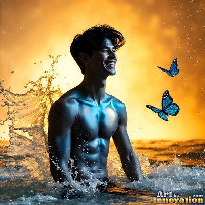 A shirtless man smiles in splashing ocean water before a yellow sky with blue butterflies
