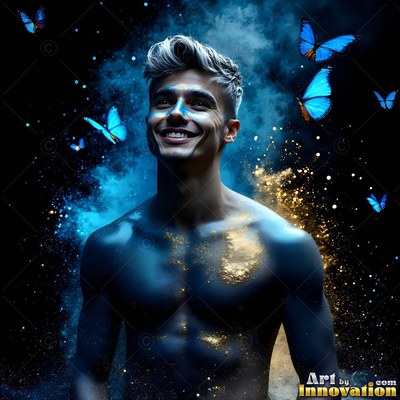 Facing forward in blue smoke, a smiling shirtless man with gold powder on his chest