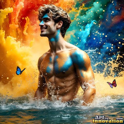 A grinning shirtless man in water surrounded by blue and yellow powder