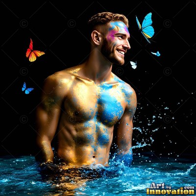 In dark water, a grinning shirtless man with painted skin watches butterflies