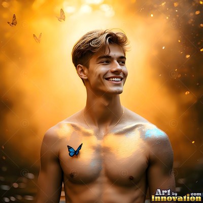 Smiling broadly, a shirtless man is standing in warm light with blue butterflies on his skin