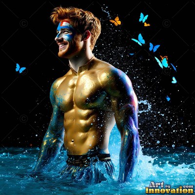 Gold body paint covers a shirtless smiling man standing in dark water with butterflies