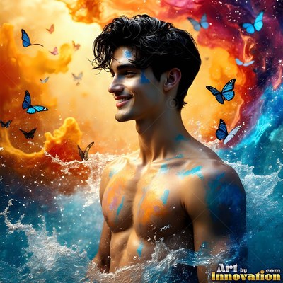 A smiling bare-chested man stands in splashing water under bright blue butterflies