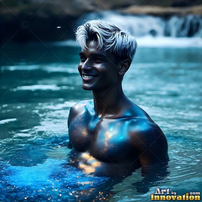 Turned sideways in blue water, a shirtless man smiles near a waterfall