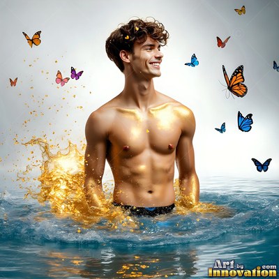 A shirtless smiling man stands in water with butterflies and gold splash