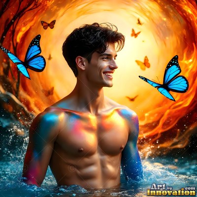 In water before warm orange light, a shirtless man with a smile watches blue butterflies