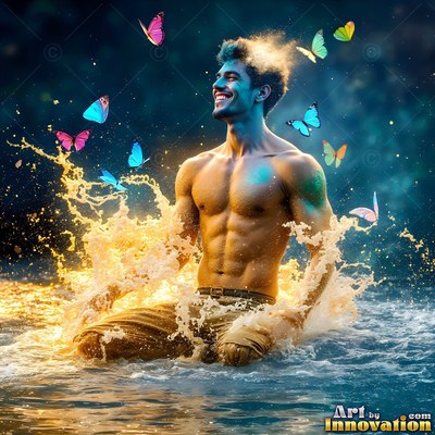 Shirtless man kne els in splashed water surrounded by colorful butterflies
