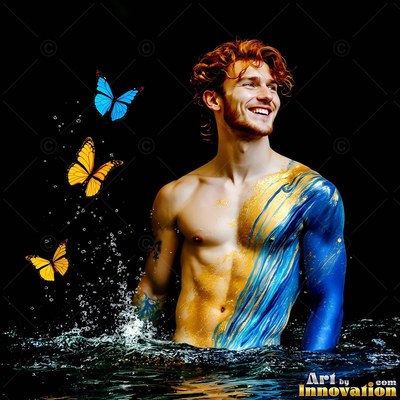 Curly red hair on a smiling shirtless man standing in dark water with gold and blue paint