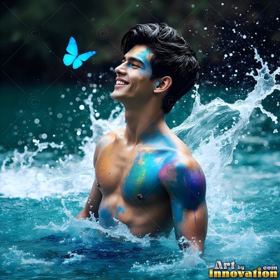 A shirtless smiling man splashes in teal water, blue paint smeared on his chest