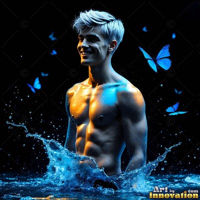 Smiling in dark water, a shirtless man is surrounded by blue butterflies