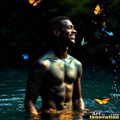 A shirtless smiling man stands in dark water with butterflies flying around him