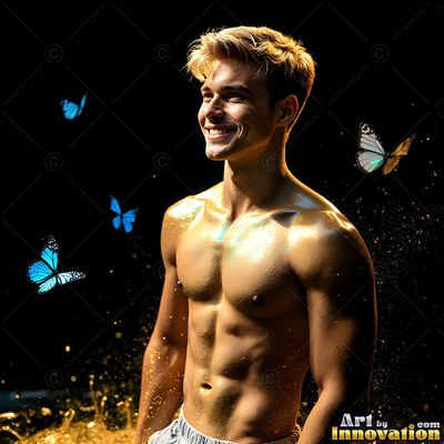 In the dark, a smiling bare-chested man stands with blue butterflies and gold dust around him