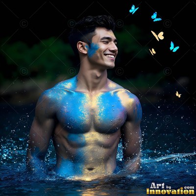 Smiling in dark water, a shirtless man dusted with blue and gold powder looks sideways