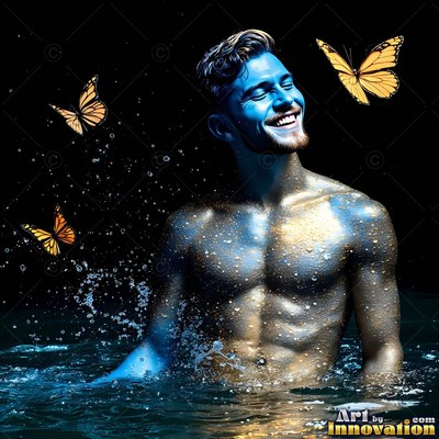 A shirtless smiling man in dark water with yellow butterflies around him
