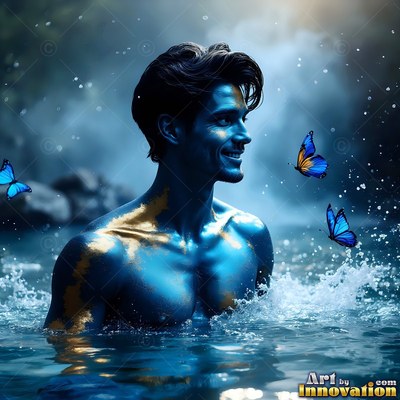Gold paint covers the shoulder of a smiling man in blue water with butterflies around him