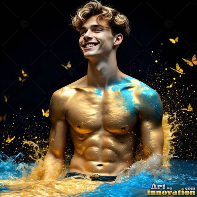 A shirtless smiling man emerges from water covered in gold and blue paint