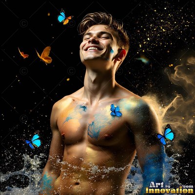 In dark water, a shirtless man with a smile is dusted with gold powder and blue butterflies