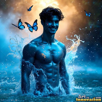 Standing in splashing water, a smiling shirtless man is flanked by blue butterflies
