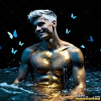 Smiling man covered in gold glitter in dark water with blue butterflies