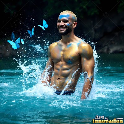 A shirtless man smiles in splashing blue water, painted with bright gold and blue powder
