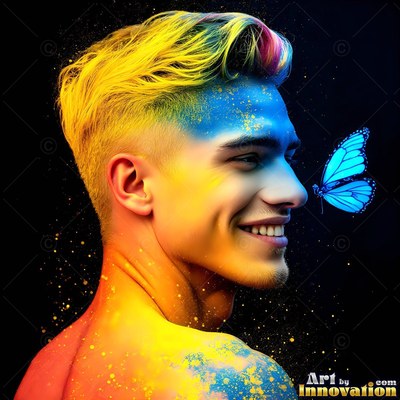 Profile of a smiling man dusted with yellow and blue powder by a butterfly