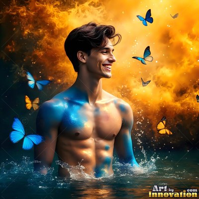 A smiling man without a shirt stands in water surrounded by blue butterflies and gold smoke