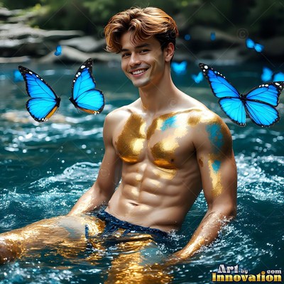 In a forest river, a man with no shirt smiling sits with gold paint and blue butterflies
