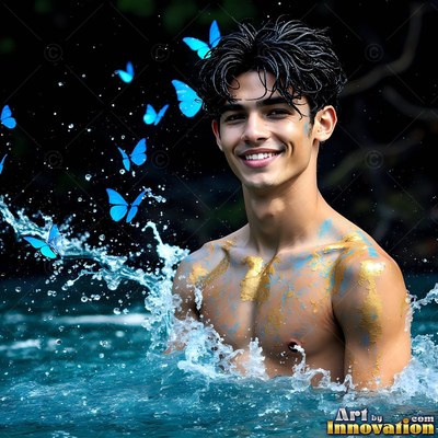 Smiling in splashed water, a shirtless young man has gold paint on his shoulders