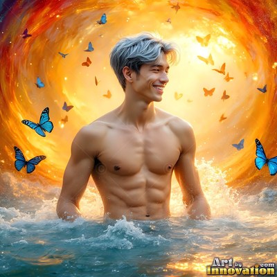 Shirtless smiling man in water with blue butterflies and warm light