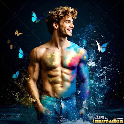 Gold and blue powder covers a smiling man standing in water with butterflies around him