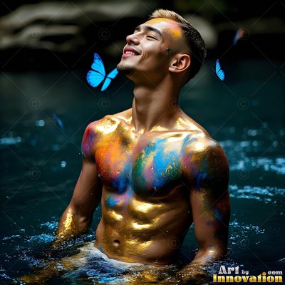 A shirtless man with a smile stands in dark water with gold paint across his chest