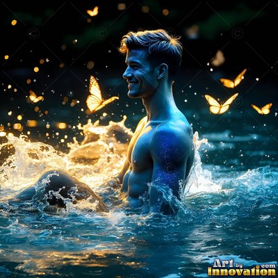 Smiling in profile, a shirtless man sits in dark water with yellow butterflies