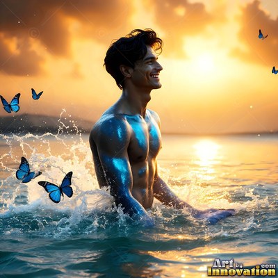 In the sunset ocean, a shirtless smiling man stands among splashing water and blue butterflies