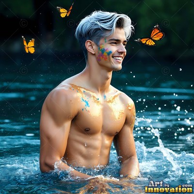 Wading in dark water, a shirtless man with a smile with paint on his face watches butterflies
