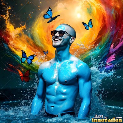 Sunglasses on his smiling face, a blue-painted man wades in water as butterflies flutter around colorful smoke