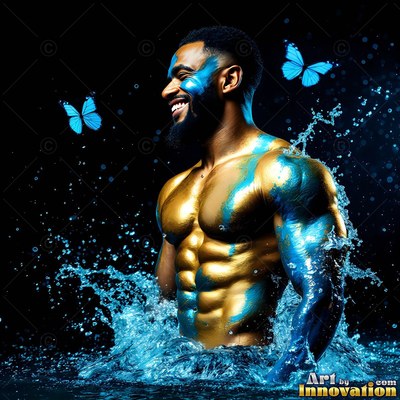 A man with no shirt smiling painted in gold and blue stands in splashing water
