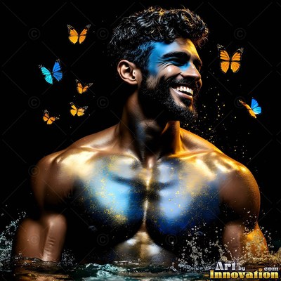 In dark water, a shirtless man with a smile is painted with blue and gold powder
