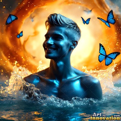 Smiling in splashing water, a blue-skinned man looks up near butterflies and gold light