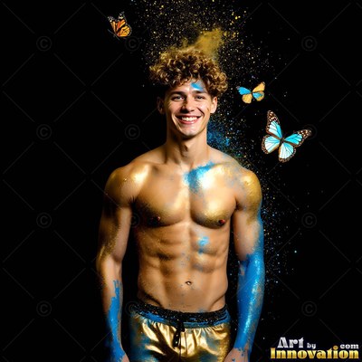 Smiling shirtless man with blue and gold powder on his skin