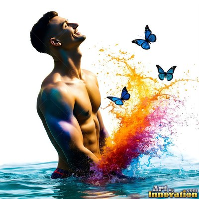 Grinning shirtless man in bright water with splashing paint and blue butterflies around him