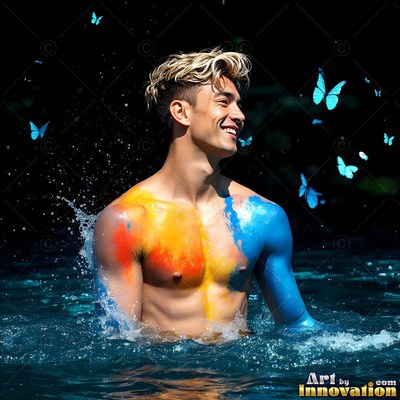 A shirtless smiling man stands in water painted with yellow and blue powder