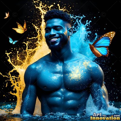Facing forward in dark water, a man with no shirt smiling under blue light